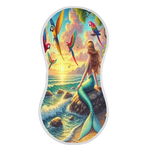 Mermaid Parrot Summer Baby Burp Cloths Muslin Soft Burp Cloth Rags Cotton Burp Clothes Absorbent for Unisex Boy Newborn Girl 1 Pack 22x11 Inches