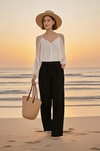 Womens Rayon Linen Wide Leg Casual Pants with Pockets Summer Breathable Palazzo Trousers for Women S M L XL2