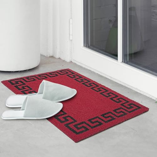 Image of Encasa XO Coir Door Mat for Home Entrance, Anti Slip PVC Back Greek Key Red