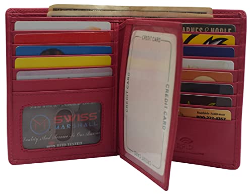 MARSHAL Bifold Genuine Leather RFID Blocking Wallet For Men Card Slots, 2 Bill Compartments, ID Windows, Money, (CN Pink)2