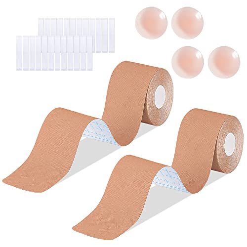 ARIEL-GXR Boob Tape,Breast Lift Tape,10M Body Tape with 4 Reusable Silicone Nipple Covers & 36 Pcs Double Sided Clothing Tape, Breathable and Waterproof,for Large Breasts Lift and Chest Support Beige