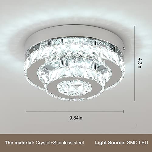 Ecobrt Mini Crystal Chandeliers For Dining Room Lighting Chrome Led Ceiling Light Semi Flush Mount Hallway Lights Indoor 9.8" Wide 6000K #TOP1