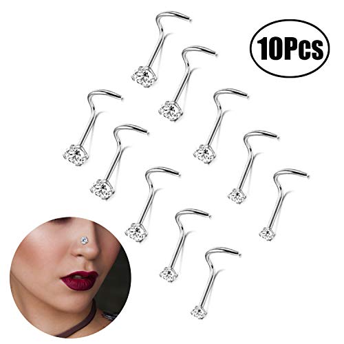 LEEQ 20 Gauge 10 Piezas Tornillo de Nariz de Acero Inoxidable Pendiente de Nariz Zirconia Cúbica Joya de Piercing de Cuerpo