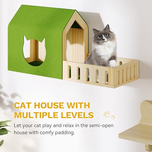 Image of DWVO Cat Wall Shelves and Perches for Wall, Solid Wood Wall Mounted Cat Furniture, Set of 7 Cats Climbing Shelves for Large Cats with Green Wall House and Fence, Steps, Scratching Posts