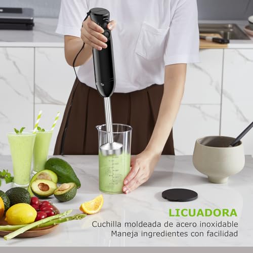 Bonsenkitchen Batidora de Mano, Acero Inoxidable de 1000 W, 2 Velocidades, Varilla Mezcladora para Alimentos para Bebés, Sopa, Batidos, Puré, Batidora de Mano de Salsa (Negro)