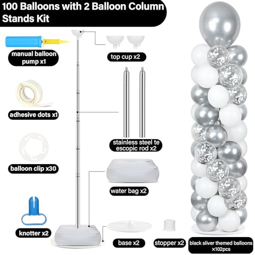 Image of 2 Sets Silver and White Balloon Column Stand Kit with 100 Balloons Silver Balloon Tower Stand with Bases for Floor Confetti Balloons Column Kit for Wedding Graduation Birthday Disco Prom Party Decor
