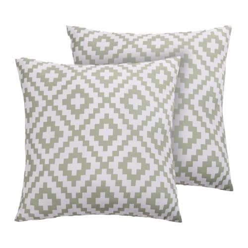 Brentfords Cushion Covers Pack of 2 Geometric Print Outdoor Cushion Covers, Soft Decorative Garden Cushions For Patio Living Room Sofa, Sage/White-45x45cm