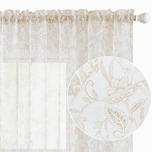 Lazzzy Sheer Curtains 96 Inch Length 2 Panels Set Farmhouse Floral Curtains Living Room Laundry Room Dining Room Bedroom Curtains Window Treatments Rustic Semi Sheer Curtains Rod Pocket Taupe On White #TOP7
