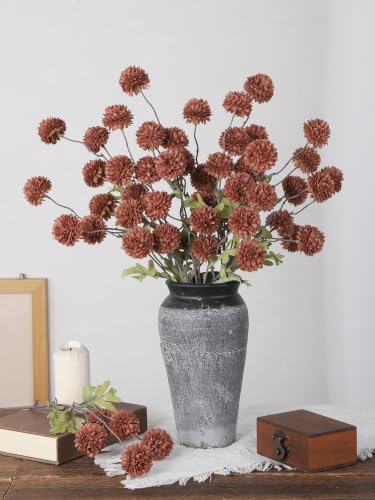 Tallos de Bola de Pompón Sintético Sin Mantenimiento Flores Artificiales de Crisantemo Marrón Moca 7