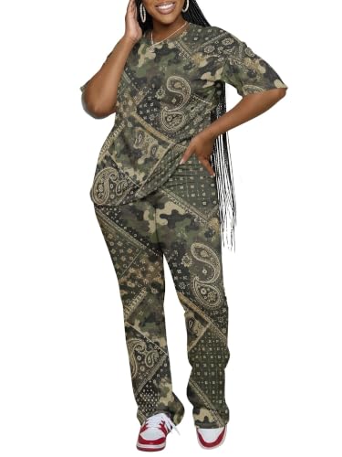 ZCC Women 2 Piece Outfit Airport Travel Set Camo Paisley Print Casual Lounge Wear Jogging Suits Summer