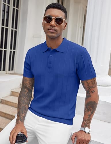 Image of COOFANDY Mens Knit Polo Shirts Short Sleeve Ribbed Textured Polo Shirt Lightweight Casual Golf Shirts Collared T Shirt