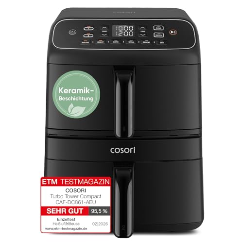 COSORI Airfryer | Turbo Tower Compact | Heißluftfritteuse 2 Kammern Keramikbeschichtung | 8,6L Double Stack mit mehreren Lüfterstufen | 2700W| Schwarz | DC861 1