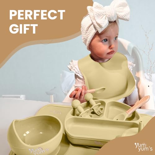 Yum Yum's Baby 10 Pcs Cream Weaning Set - Complete Toddler Feeding Kit w/Sectioned Plate, Suction Bowls, Cutlery with Mouth Guard, Straw Cup, Bib & Mat - Non-Slip - for Toddlers & Baby Gift