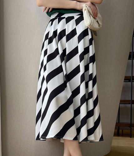 chouyatou Women's Color Block Striped Pleated Skirt High Elastic Waist A Line Business Casual Midi Long Skirt2