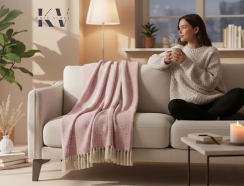 Image of Cotton Weave Boho Sofa Throw Blanket 50x60 Inches or 125x150 cms Lightweight, Soft & Breathable Couch, Bed or Chair Throw Blanket for Living or Bedroom, Zigzag Coral Peach