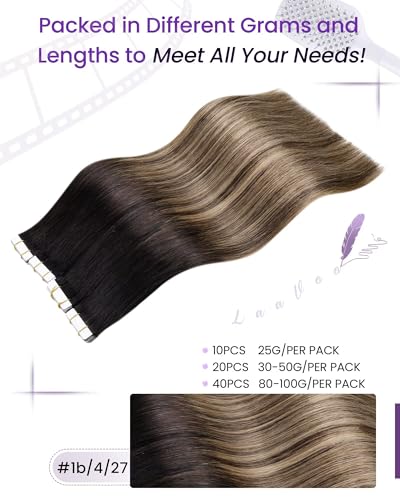 Image of LaaVoo Tape in Extensions Human Hair Ombre Tape in Human Hair Extensions Black to Chestnut Brown Mixed Caramel Blonde Hair Extension Tape on for Women 16inch 40pcs 100g