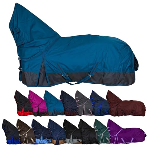 RL24 - Weidedecke Full Neck Basicline 600D Polarfleecefutter – als Regendecke & Übergangsdecke – wasserdichte Outdoordecke mit Kreuzbegurtung – Pferdedecke in Petrol/Graphit – Größe 155cm
