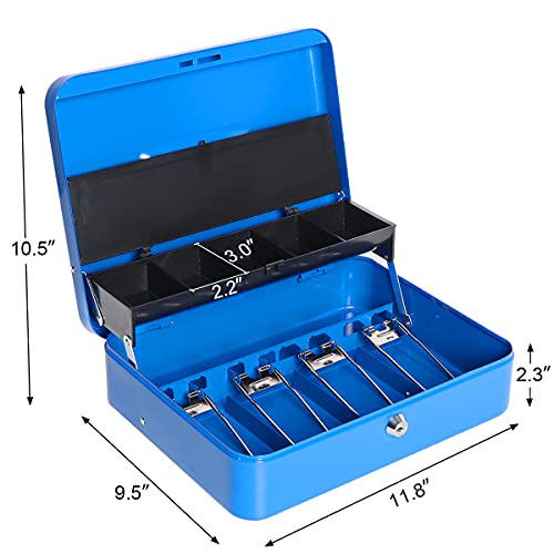 Parrency Cash Box With Key Lock，Durable Metal Cash Box With Money Tray，Lock Box Safe Storage Security Locker，Blue #TOP1