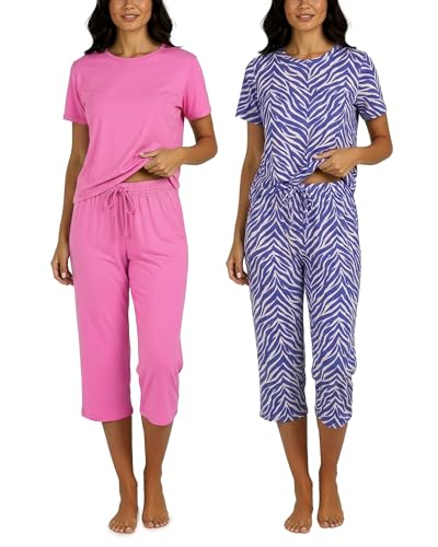 Image of Real Essentials 2 Pack: Womens Pajamas Short Sleeve Sleepwear Tops and Capri Pants Pjs Print Pajama Sets (Available In Plus)