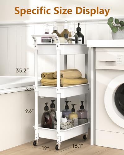 Foto von HBTower Rollwagen aus Kunststoff,Küchenwagen 3 Etagen, Servierwagen, mit extra hängenden Tassen, feststellbare Räder für Wohnzimmer, Küche, Büro, Weiß