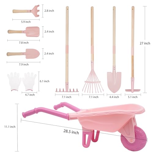 Image of Kids Gardening Set with Wheelbarrow, Metal Kid Gardening Tools Set with Long Handle Tool, Hand Tool & Gloves, Backyard Gardening Tools for Kids Outdoor Play Birthday Gifts