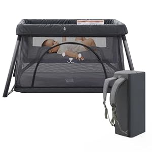 Travel Crib, Portable Crib for Baby, Pack and Play for Babies and Toddler, Lightweight Backpack Design,Foldable Travel Baby Playpen with Mattress(Dark Grey)