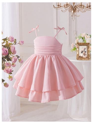 WDIRARA Toddler Girl's Bow Tie Shoulder Layered Ruffle Cami Dress Ruched Swing Short Dresses4