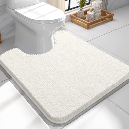 Image of OLANLY Toilet Rugs U-Shaped 24x24, Extra Soft Absorbent Chenille Contour Bathroom Rugs for Toilet, Dry Quickly, Machine Washable, Non-Slip Bath Mat, Ivory