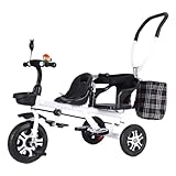 【Tandem-Dreirad】 Beide Doppelsitze mit Fußstützenbrett sind für Zwillinge geeignet. Vordersitz mit Gurt, Rücksitz mit Armlehne und Leitplanke.