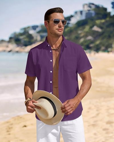 Image of J.VER Mens Linen Shirt Short Sleeve Button Down Casual Summer Shirts | Cotton Linen, Untucked, Big Tall, from Beach Camp Vacation, Cruise Fishing, Work Office, to Wedding Party Family, with Pocket