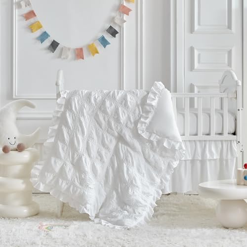 Image of Ruffled Crib Bedding Set Baby Boho Quilted Comforter with Fitted Sheet and Bed Skirt - Cute Soft Breathable Seersucker Ruffled Shabby Chic Bedding Soft Blanket Design - White