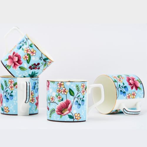 Image of GOLDEN QUEEN'S Handcrafted Tea Cups - Set of 6 | Ideal for Everyday Tea and Coffee, Enhancing Your Daily Rituals (Blush Blossom in Blue)