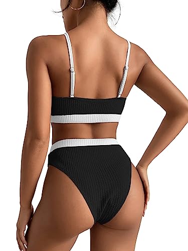 Image of Lilosy High Waisted Tummy Control Ribbed Bikini Crop Top Brazilian Swimsuit Set 2 Piece