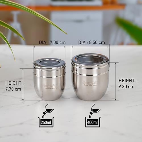 Image of Sumeet Stainless Steel Conical Shape Canisters /Dabba /Storage Containers for Kitchen with See Through Lid, Set of 2 Pcs, (250ml-7cm Dia-1Pc & 400ml-8.5cm Dia-1Pc), Silver
