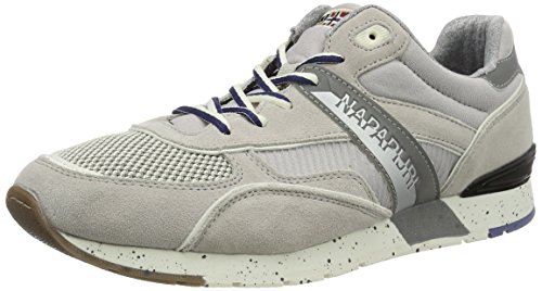 Napapijri Men's Sneakers in White Fabric and Light Gray Suede with Logo on The Side of The Upper. Strings and Bottom with Black Dotted Rubber up.