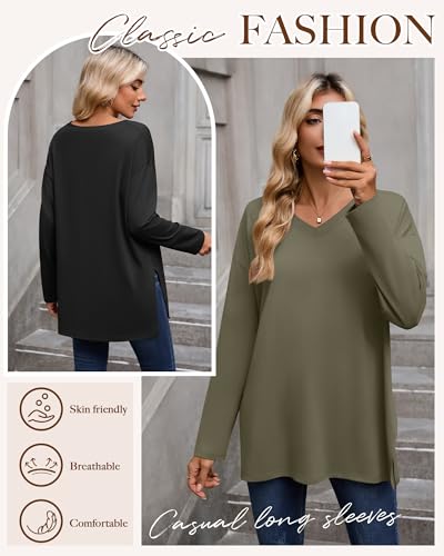 Huukeay 3 Pack Womens Oversized Long Sleeve T Shirts V Neck Knit Casual Workout Tunic Tops Side Split Loose Basic Tees2