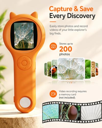 Image of Bug Exploration Microscope for Kids, 500X Handheld Digital Microscope with 2 inch IPS Screen, Backyard Adventure STEM Science Toy Age 5-12 (Orange)