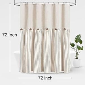 Awellife Linen Button Farmhouse Beige Shower CurtainLinen and Cotton Woven FabricPleated Brown StripeCountry Style72x72 Inch
