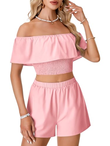LYANER Women's 2 Piece Outfits Off Shoulder Ruffle Sleeve Shirred Crop Top Wide Leg Shorts Set4