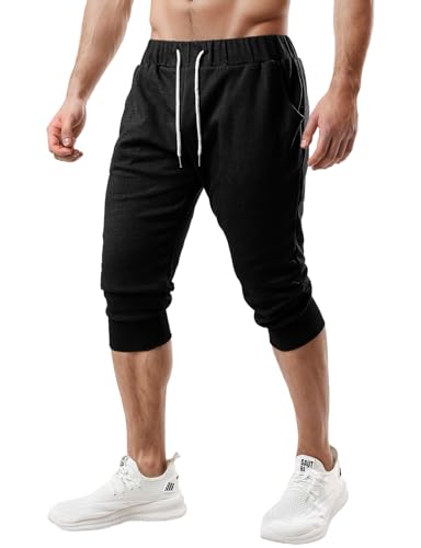 Ohoo Men's 3/4 Capri Joggers Pants Slim Fit Lightweight Yoga Running Workout Active Pants Casual Wear / DCA008-BLACK-S