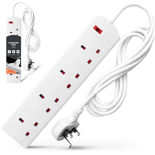 Wolf Power Extension Lead, 4 Gang, 2 Metre Extension Cable with UK 3 Pin Plug & Socket, Wall Mountable Power Strip for Home, Office & Appliances (White, 1 Pack)