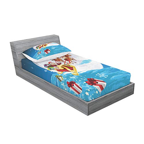 Ambesonne Christmas Fitted Sheet & Pillow Sham Set, Old Santa Claus And Deer With Vivid Present Boxes, Decorative Printed 2 Piece Bedding Decor Set, Twin, Azure Blue #TOP1