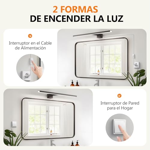 Miniatura 4 de Hommie Aplique Espejo Baño Negro 50cm 12w 1549lm Con Enchufe, Luz Espejo Baño Natural 4000k, Cable De 1,5 M, Aleación De Aluminio 230v, Lampara Baño, Ip44 Resistente Al Agua