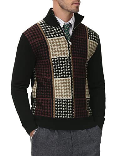 Men's Stylish Quarter Zip Houndstooth Pattern Pullover Sweater For Casual Black #TOP1