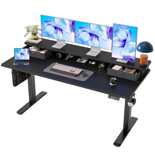 Image of TIQLAB Standing Desk with Two Drawers, Stand Up Standing Desk Adjustable Height, Electric Sit Stand Table with Storage Shelf and Splice Board, 63 * 24 inch, Black