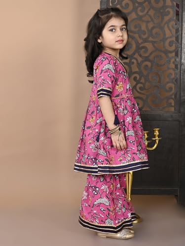 Image of superminis Girls Cotton Floral Printed Gota Patti Work Half Sleeves Sharara Suit