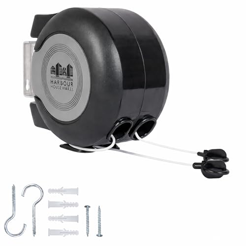 Harbour Housewares 2 x 15m Retractable Dual Cord Washing Line - Black Heavy Duty Wall Mounted Extendable Clothesline Twin Clothes Airer - Indoor Outdoor Laundry Drying Reel with Strong PVC Cords
