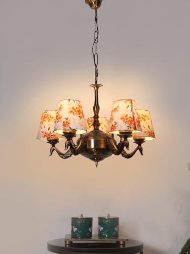 Image of Devansh 05-Light Printed Conical Multicolor Cotton Shade Chandelier - Antique Golden Finish | Adjustable Cord | Warm Glow Lamp - Ceiling Light for Living Room, Dining Area, BedroomDecor - D1
