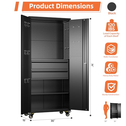 Image of Metal Garage Storage Cabinet with Wheels, 2 Internal Drawers