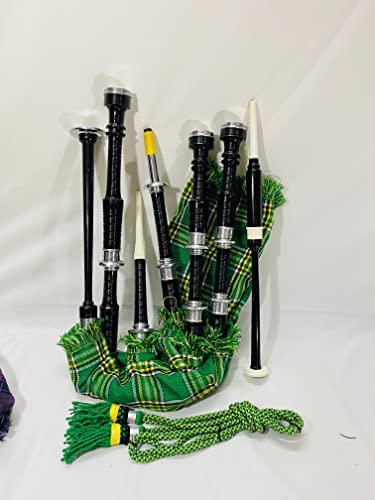 Scottish Bagpipes Set Heritage Musical Instruments Rosewood Black Finish with Silver Mounts Green Tartan Bag Cover Includes Free Tutor book Cane Drones - Thumbnail 5
